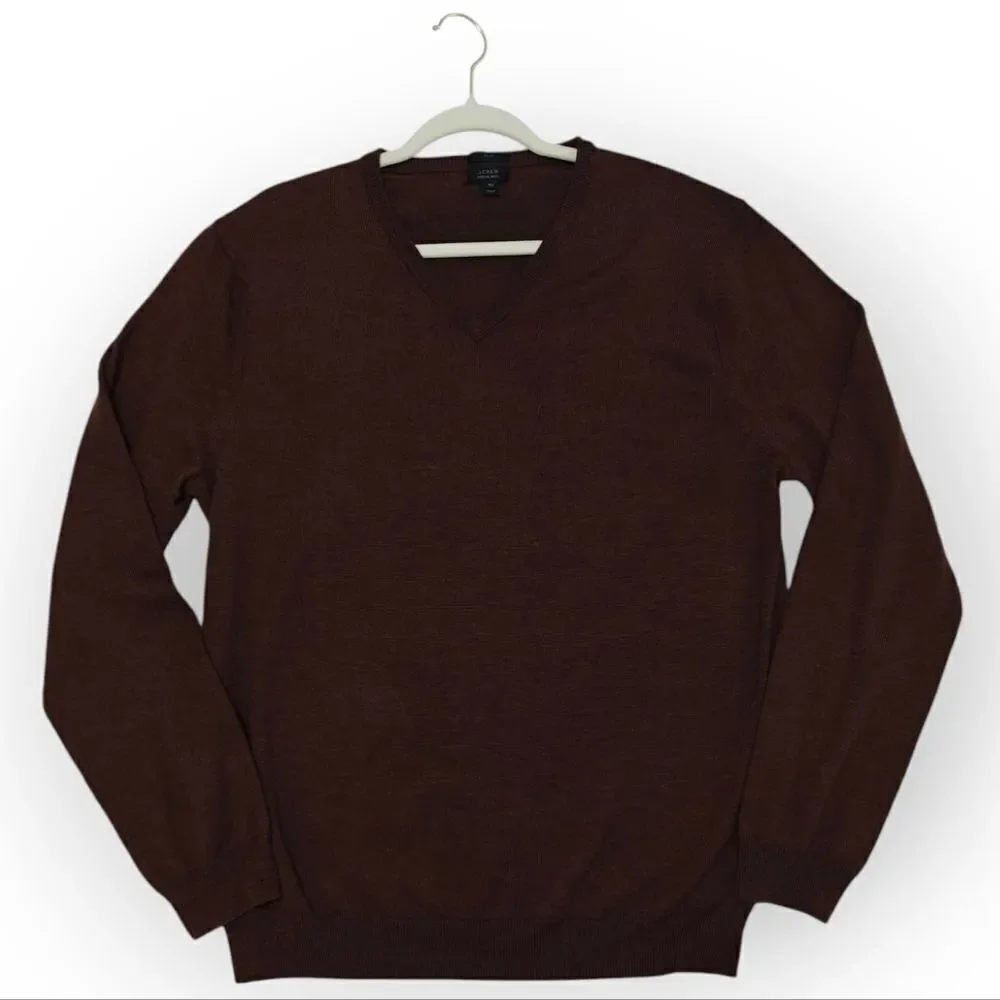 NWOT J. Crew 100% Merino Wool Brown V-Neck Sweater Fine Knit Sz XL